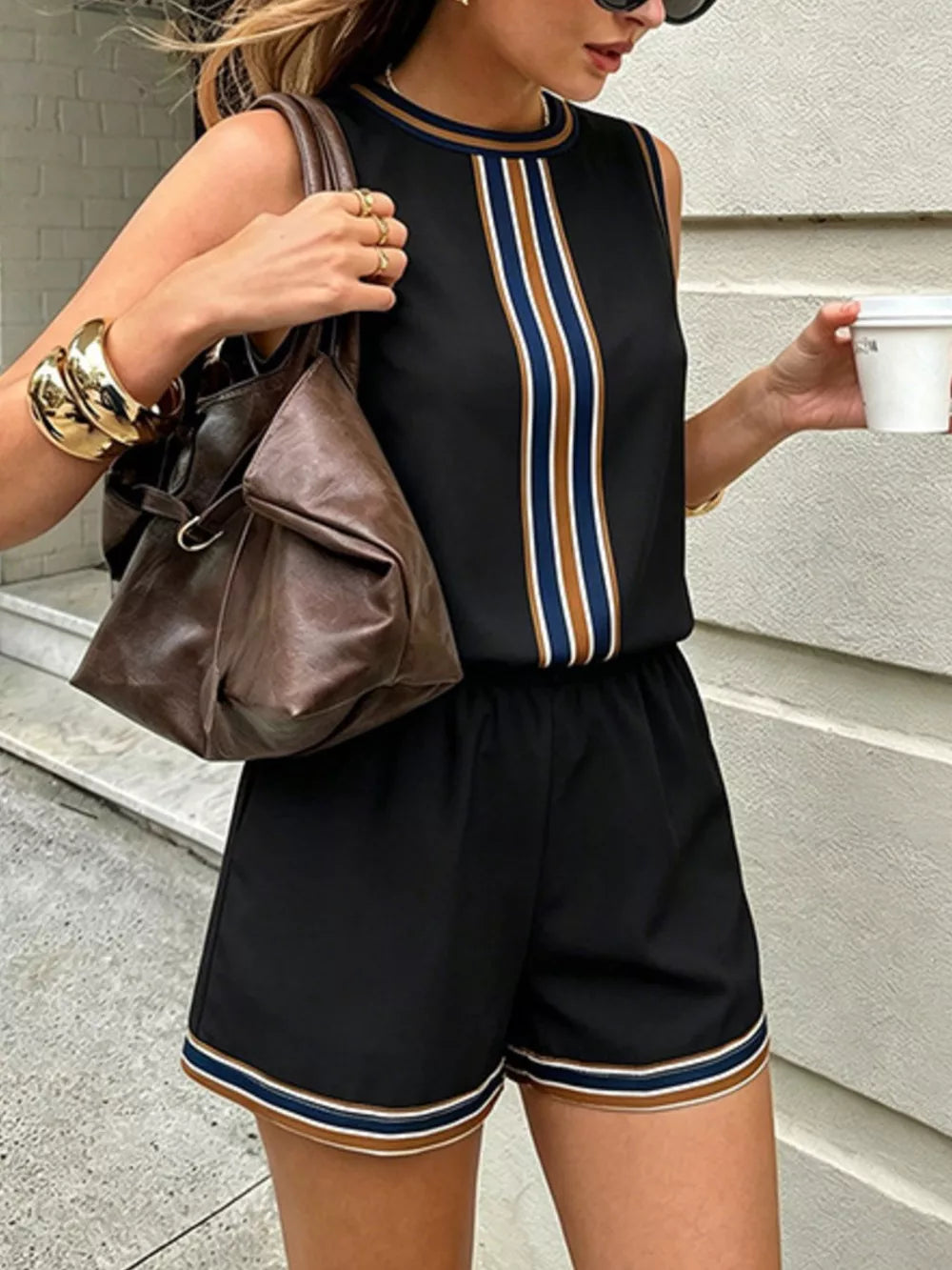 Chic Striped Two-piece Set With Pockets
