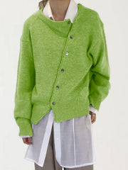 Matcha green acrylic knit cardigan with asymmetric button closure and crew neckline.
