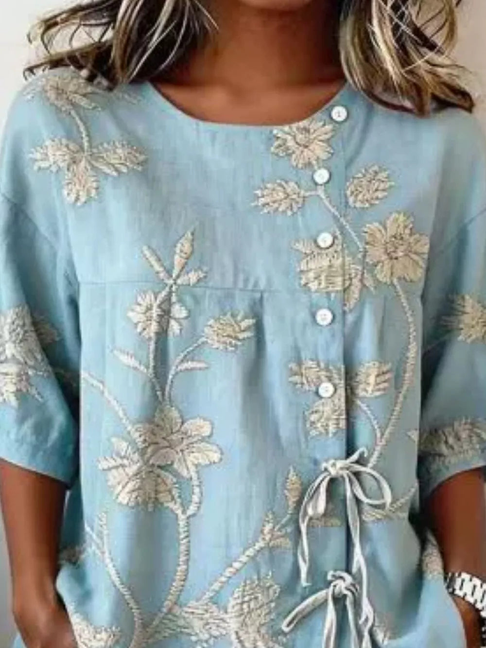 Embroidered Floral Tie Front Shirt Plus Size in Blue, back view