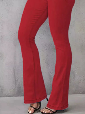 Red cotton spandex flare jeans with a high waist and buttoned closure.