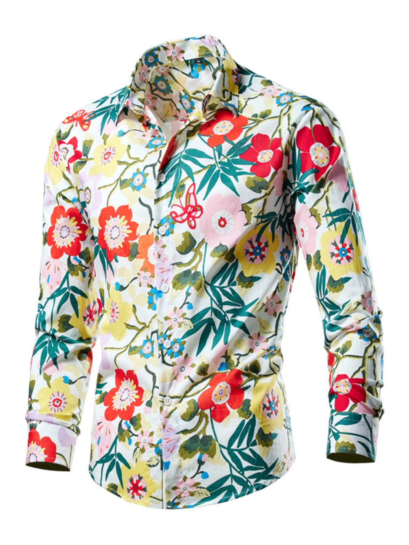 Men's long sleeve button-down shirt with tropical floral print on white cotton.