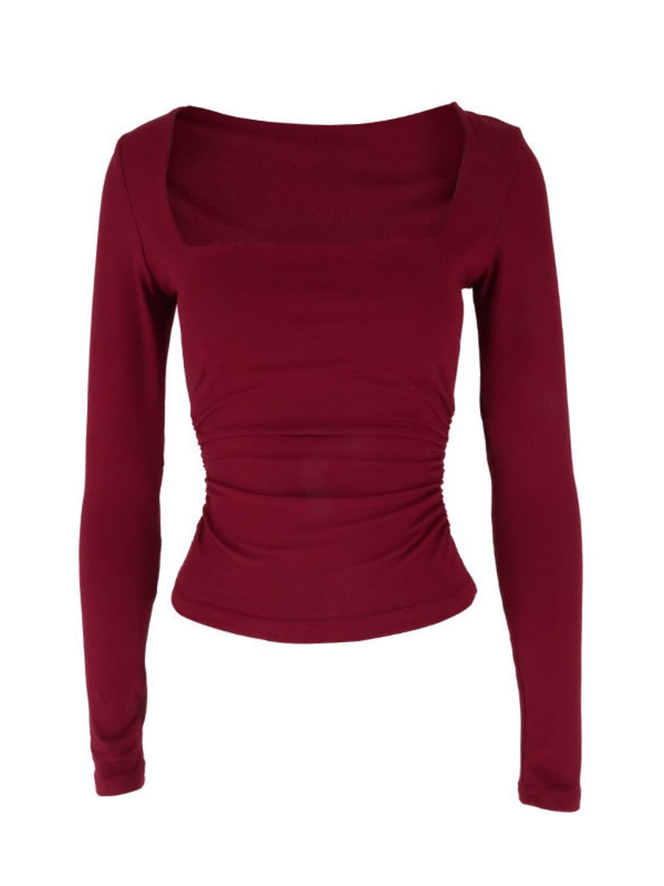 Red long sleeve t-shirt with square neckline and ruched side detail