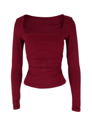 Red long sleeve t-shirt with square neckline and ruched side detail