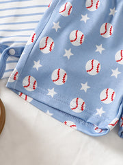 Baby bodysuit set with blue baseball and star print shorts and striped top.