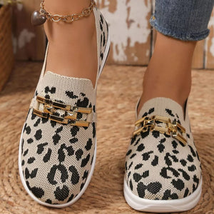 Leopard print mesh slip-on slippers with gold chain detail and heart anklet.
