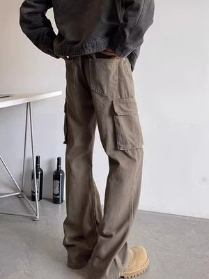 Brown cargo pants with multiple pockets and a relaxed fit.