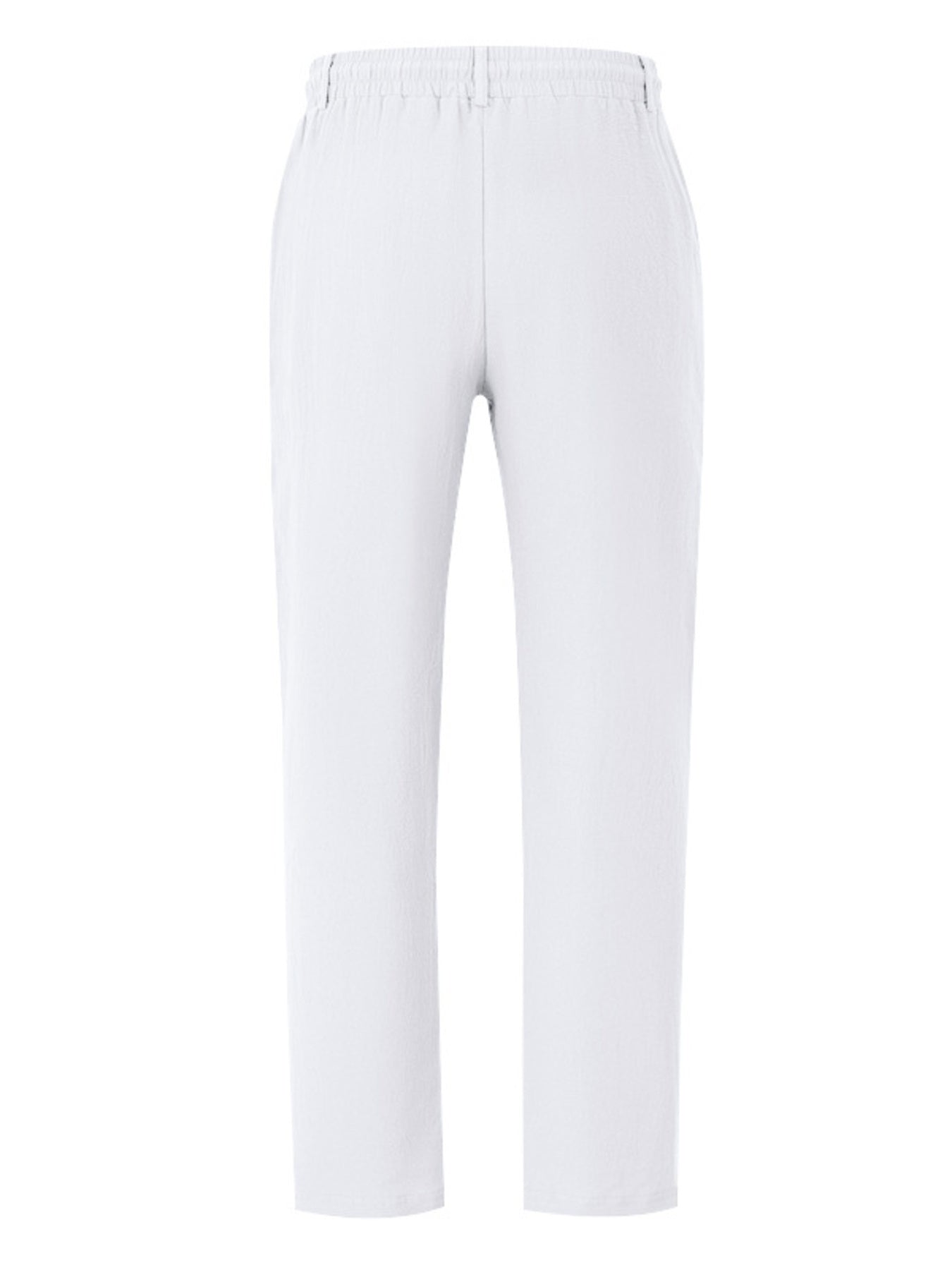 Men's white loose fit sweatpants with drawstring waist and straight leg.
