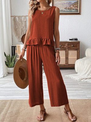 Ruffled hem tank top and flowing wide-leg pants set in rust orange, casual women's outfit