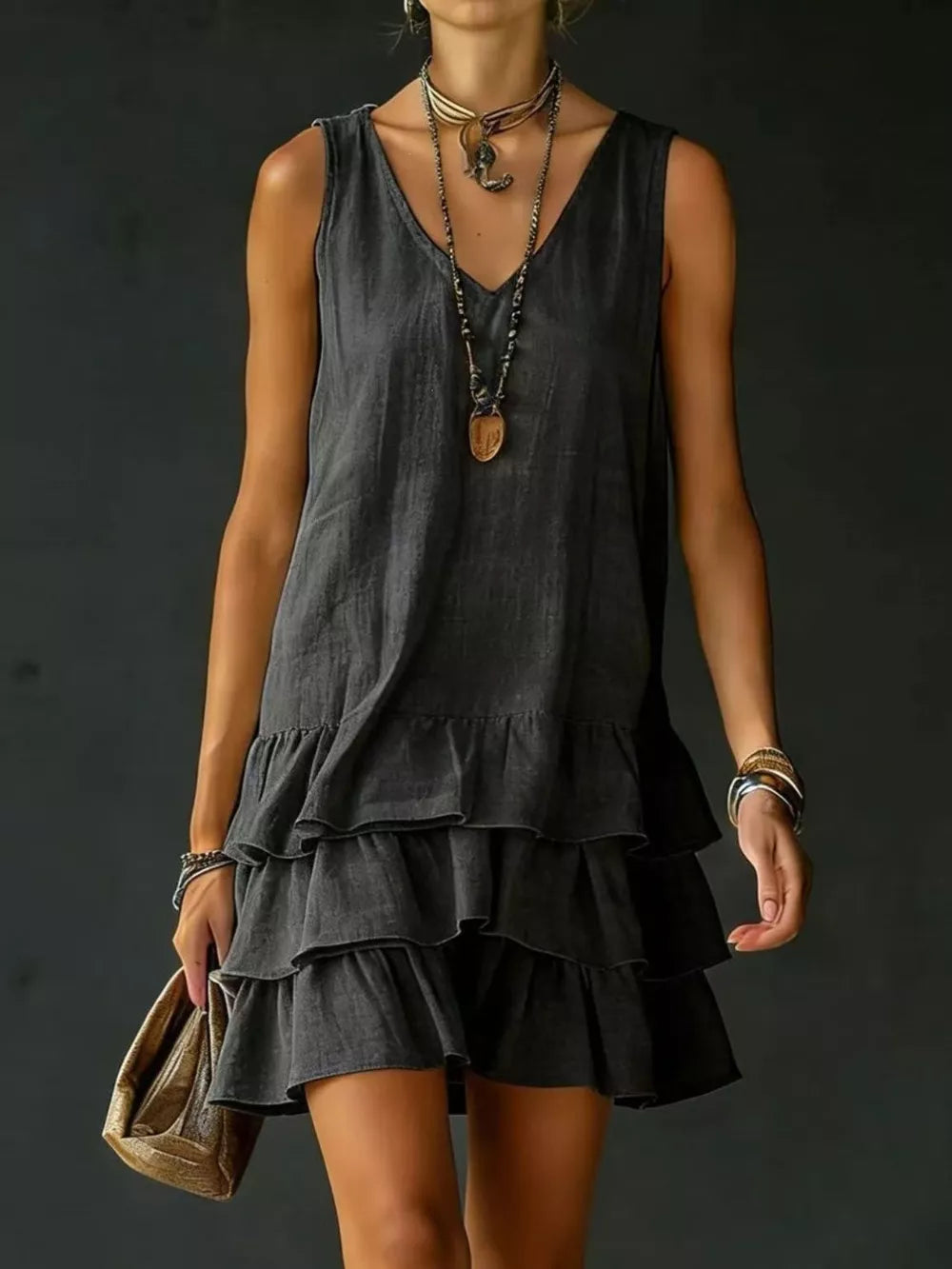 Grey tiered ruffled hem v-neck sleeveless dress with layered ruffles.