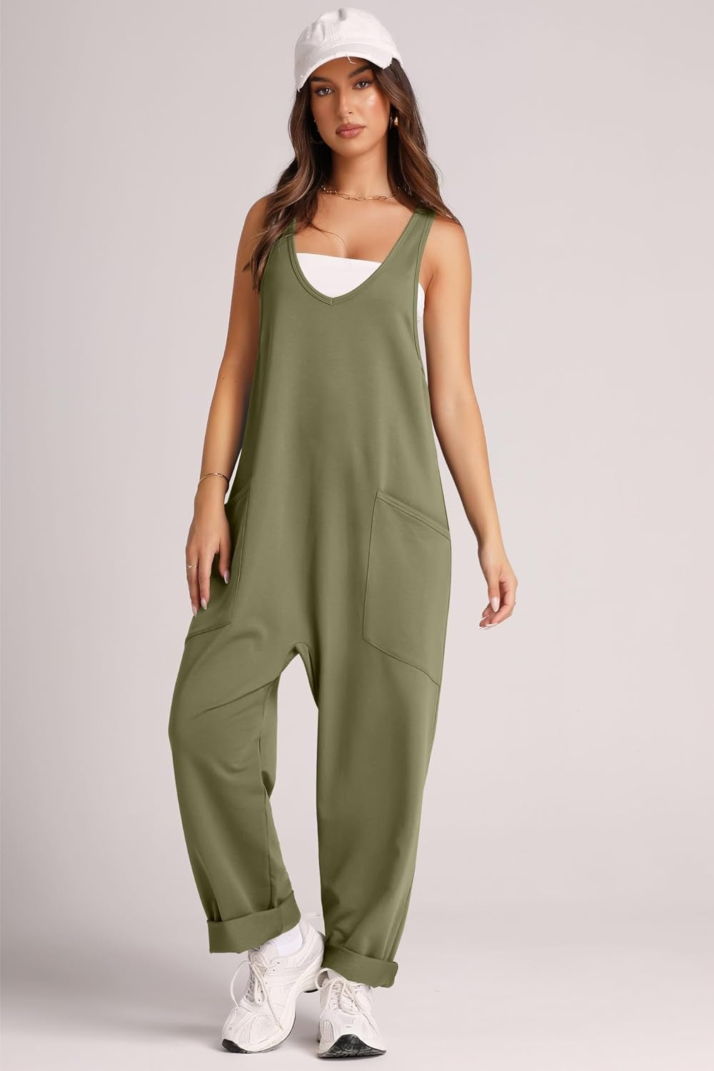 Relaxed fit jumpsuit in Matcha Green with oversized pockets and cuffed ankles.