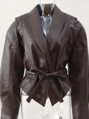 Belted Leather Jacket With Shawl Collar in Dark Brown, product detail