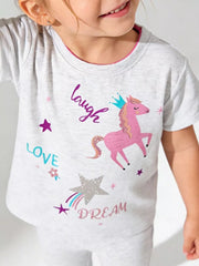 Toddler grey crew neck t-shirt with pink unicorn, crown, stars, and text graphics.