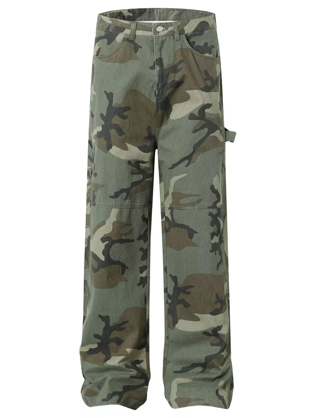 Relaxed fit camouflage cargo pants with a classic pattern and multiple pockets.