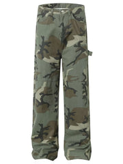 Relaxed fit camouflage cargo pants with a classic pattern and multiple pockets.