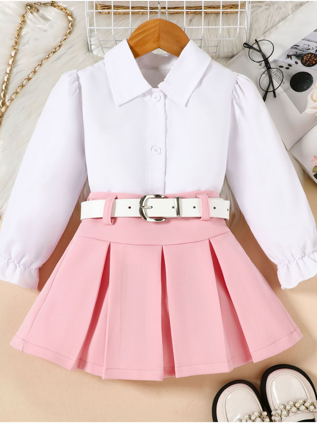 Toddler long sleeve collared shirt and pink pleated skirt set with white belt