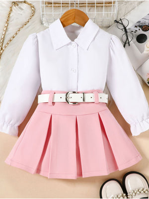 Toddler long sleeve collared shirt and pink pleated skirt set with white belt
