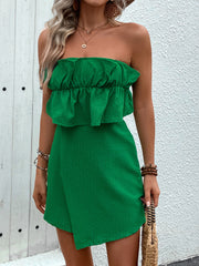 Textured ruffle bandeau romper in dark green, polyester, with a chic casual style.