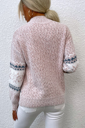 Blush pink acrylic mock neck sweater with Fair Isle pattern on sleeves