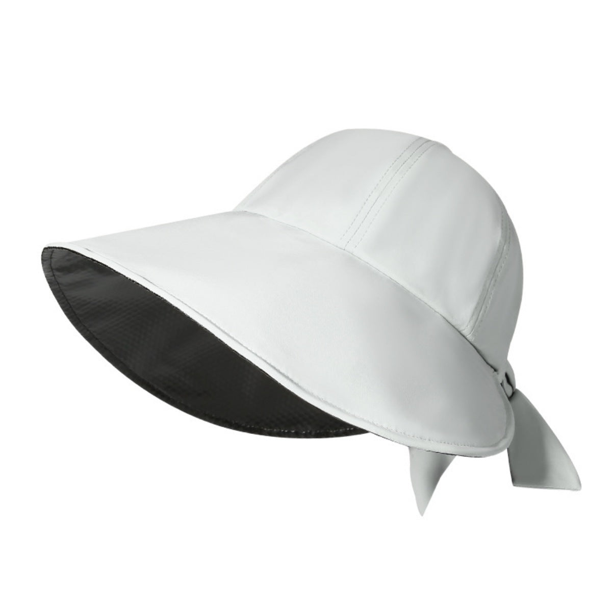 Wide brim sun hat in light gray with a black lining and a bowknot detail.