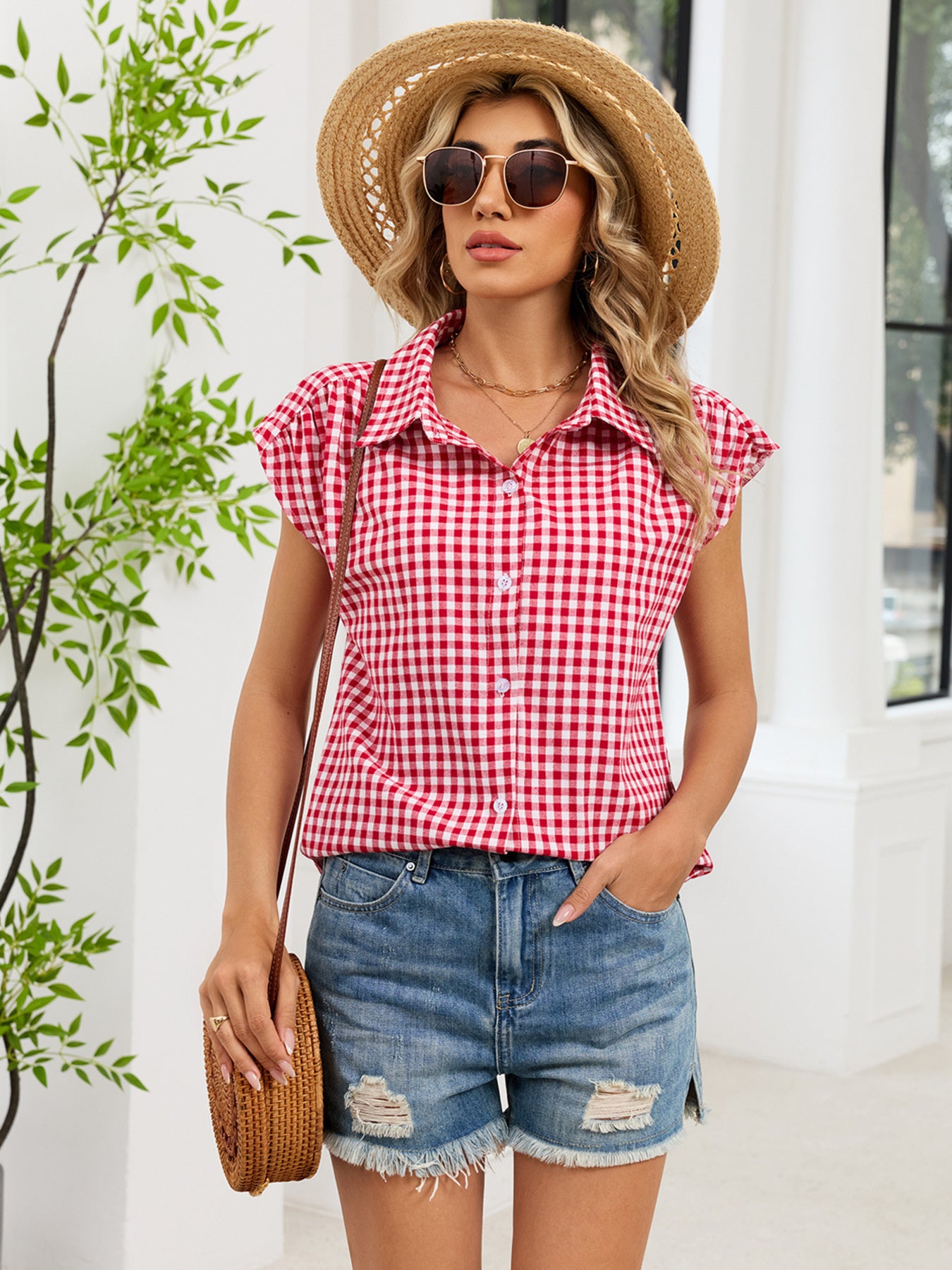 Plaid Button Up Cap Sleeve Shirt in Blue, close-up detail