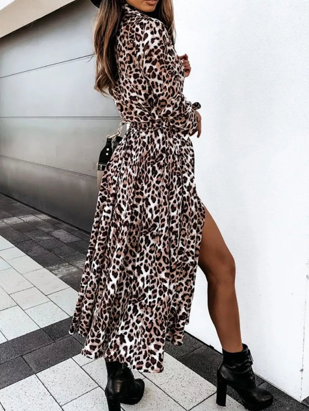 Leopard Print Button-down Midi Dress With Belt in regular leopard print, model styling view