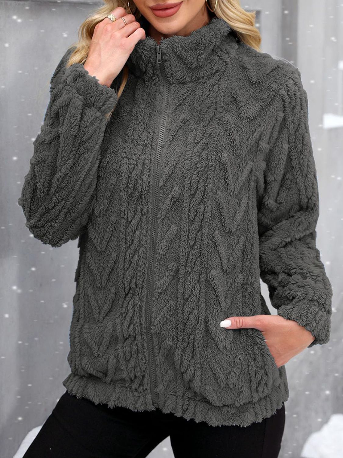 Dark gray textured chevron fleece zip jacket with pockets