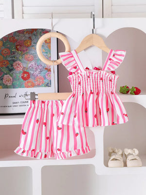 Children's Bow Ruffled Striped Top And Shorts Set in Pink, alternate angle