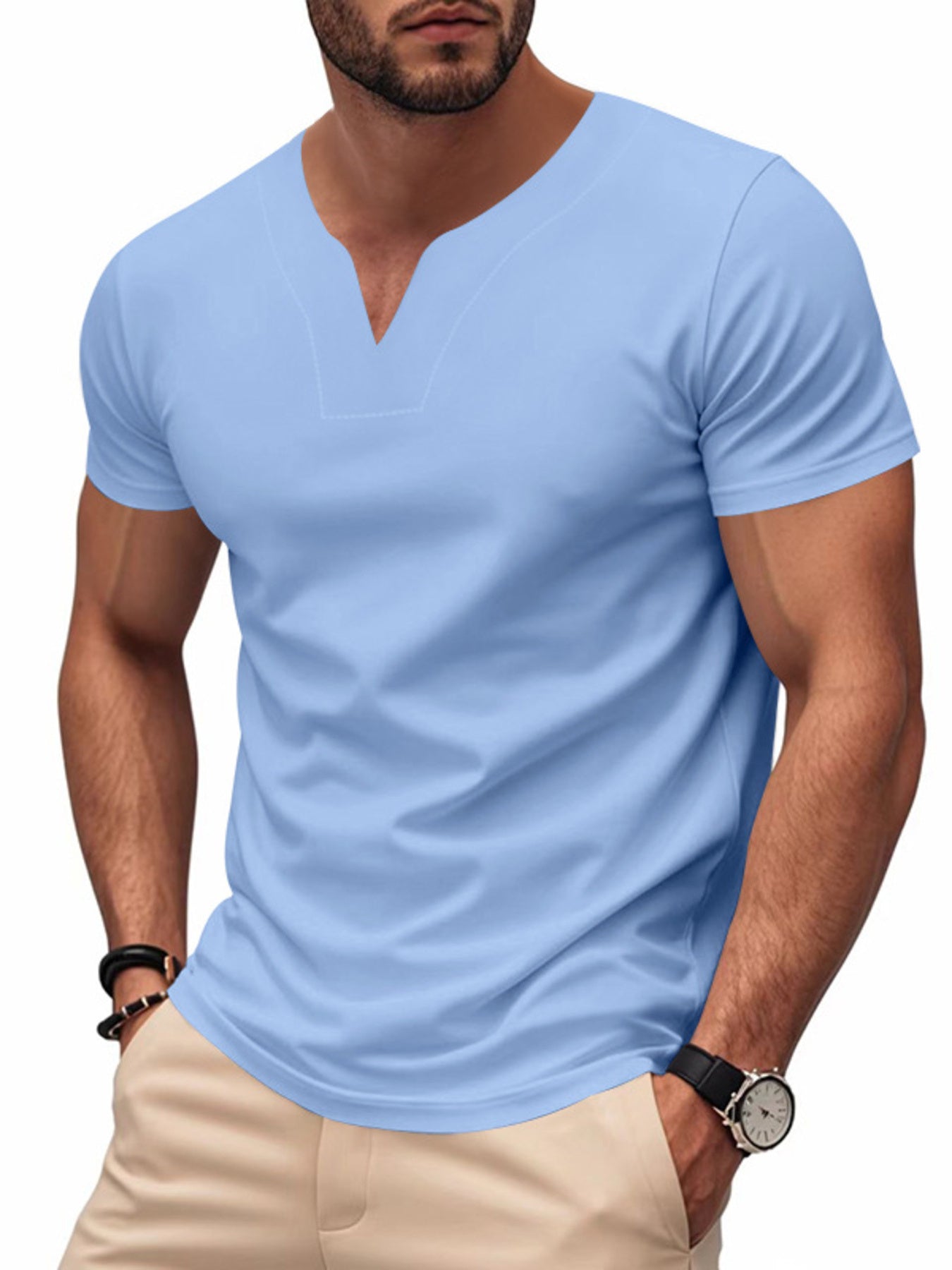 Men's light blue cotton t-shirt with notched V-neck and short sleeves.