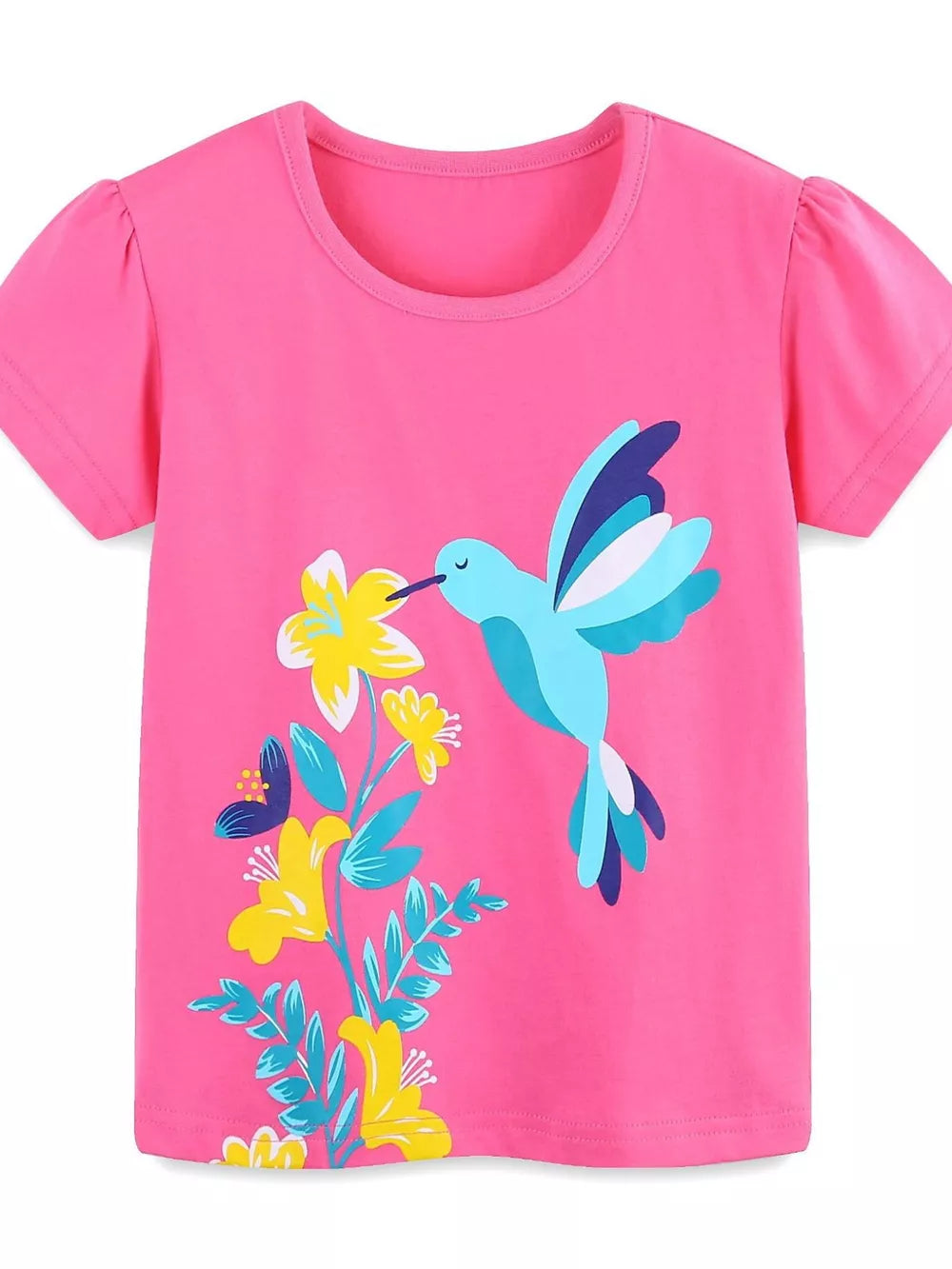 Hot Pink cotton t-shirt with hummingbird and floral print.