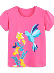 Hot Pink cotton t-shirt with hummingbird and floral print.