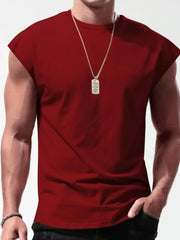 Burgundy muscle-fit sleeveless tee with wide shoulders, crew neck, and a dog tag necklace.