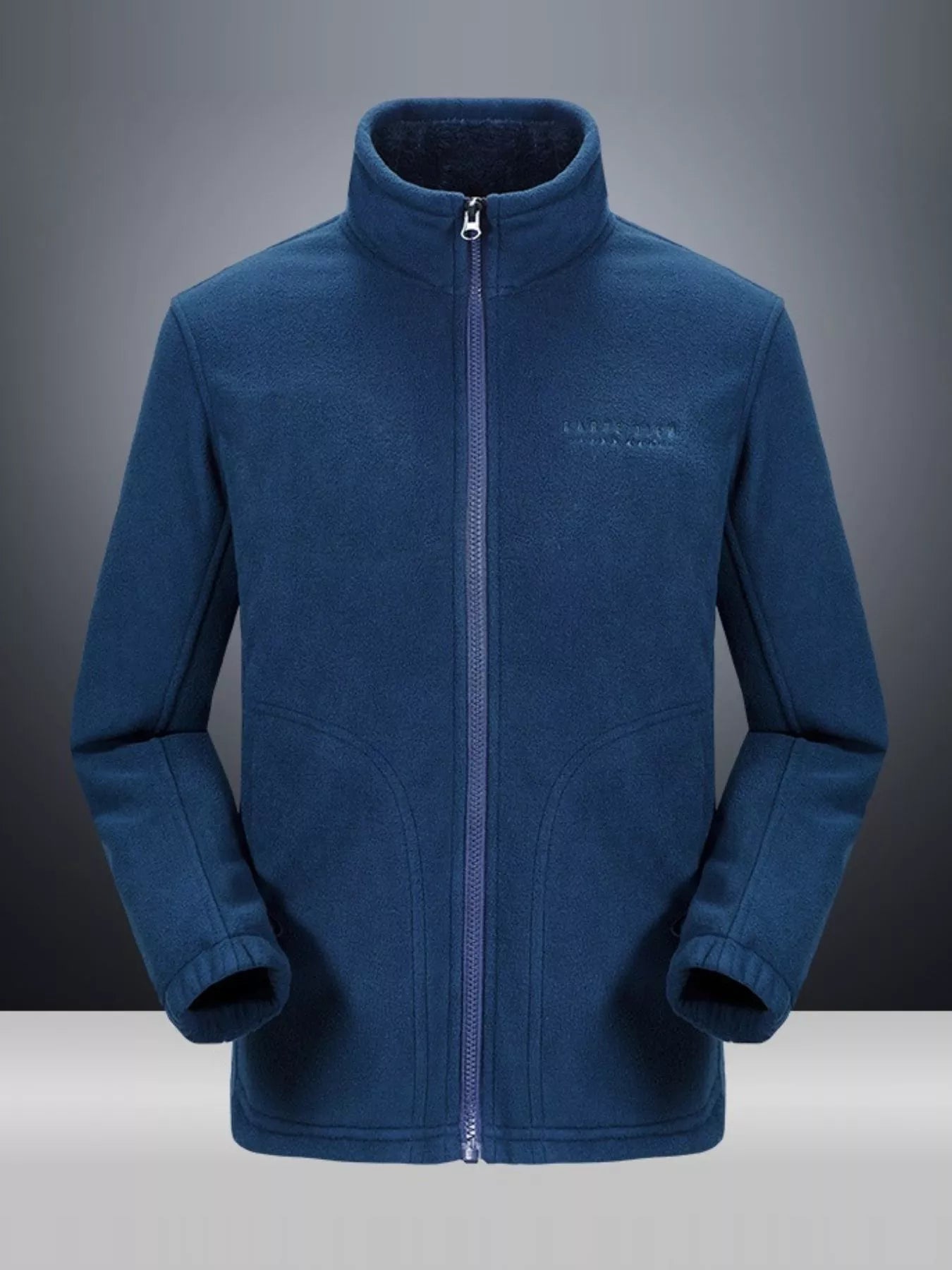 Men's blue thermal windproof hooded jacket with full zip and stand collar.