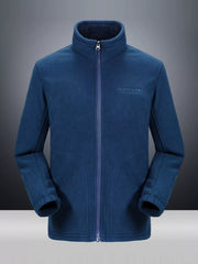 Men's blue thermal windproof hooded jacket with full zip and stand collar.