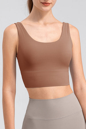 Caramel performance crop top with scoop neck and wide band