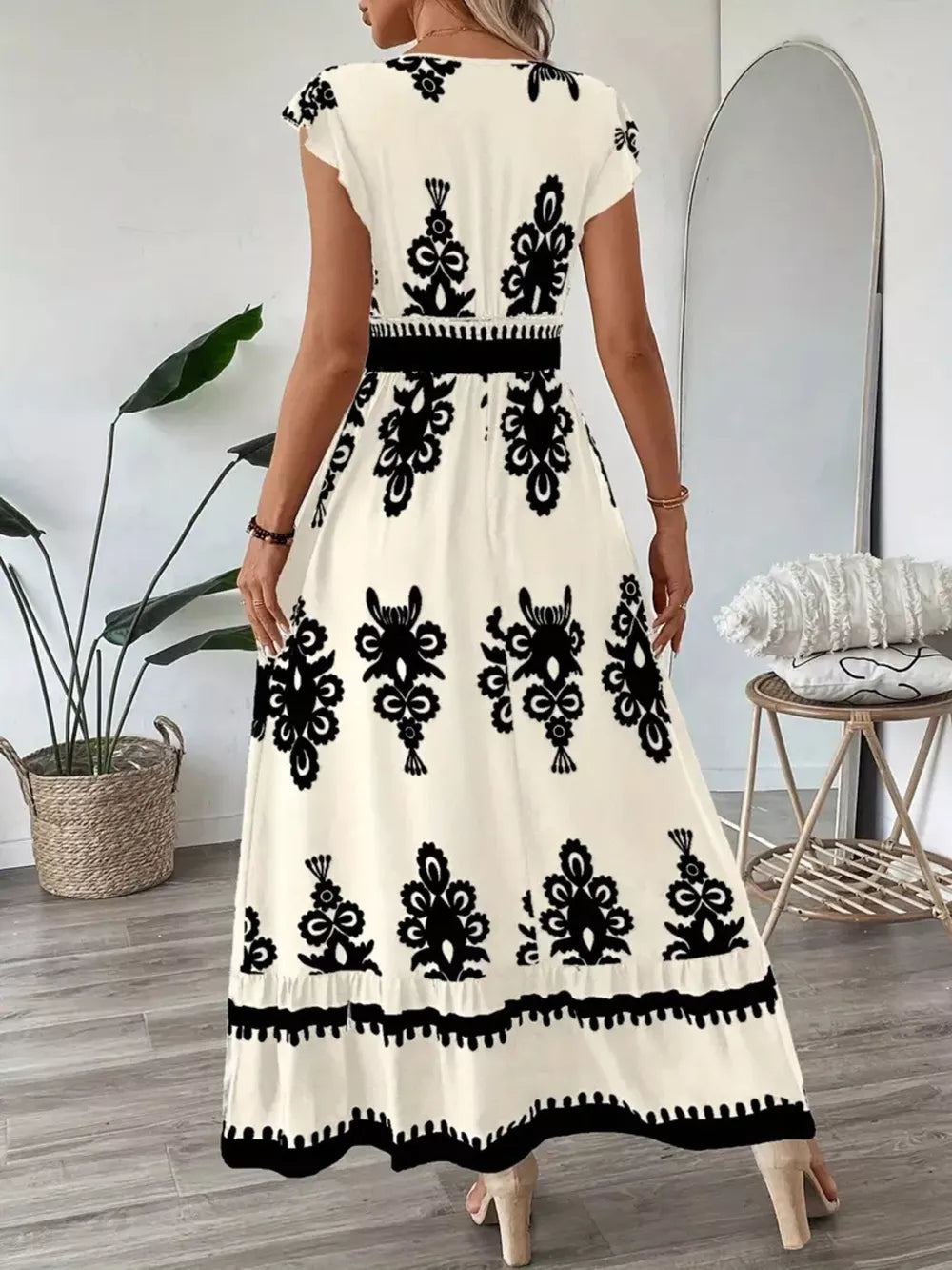 Ruffled Printed V-neck Maxi Dress in Dark Navy, close-up detail