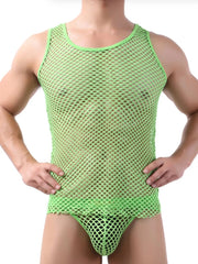 Lime openwork tank top with contrast trim and crew neckline.