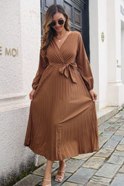 Brown pleated maxi dress with V-neck and wrap-tie waist