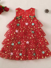 Red star print tulle baby dress with tiered skirt and pom-poms