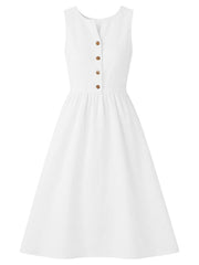 White button front midi dress with a-line skirt and V-neckline