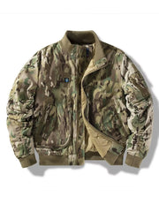 Zip up bomber jacket in green camouflage with ribbed collar, cuffs, and hem.