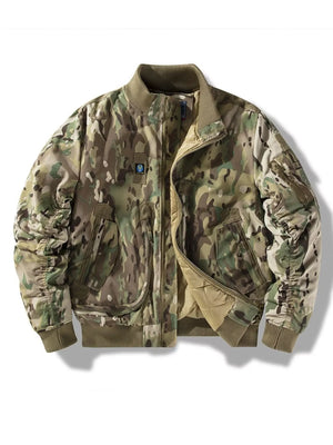 Zip up bomber jacket in green camouflage with ribbed collar, cuffs, and hem.