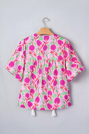 Floral Print Short Sleeve Tassel Tie Blouse in Fuchsia Pink, product detail