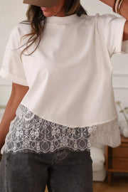 Asymmetrical lace-trimmed cotton casual tee for women.
