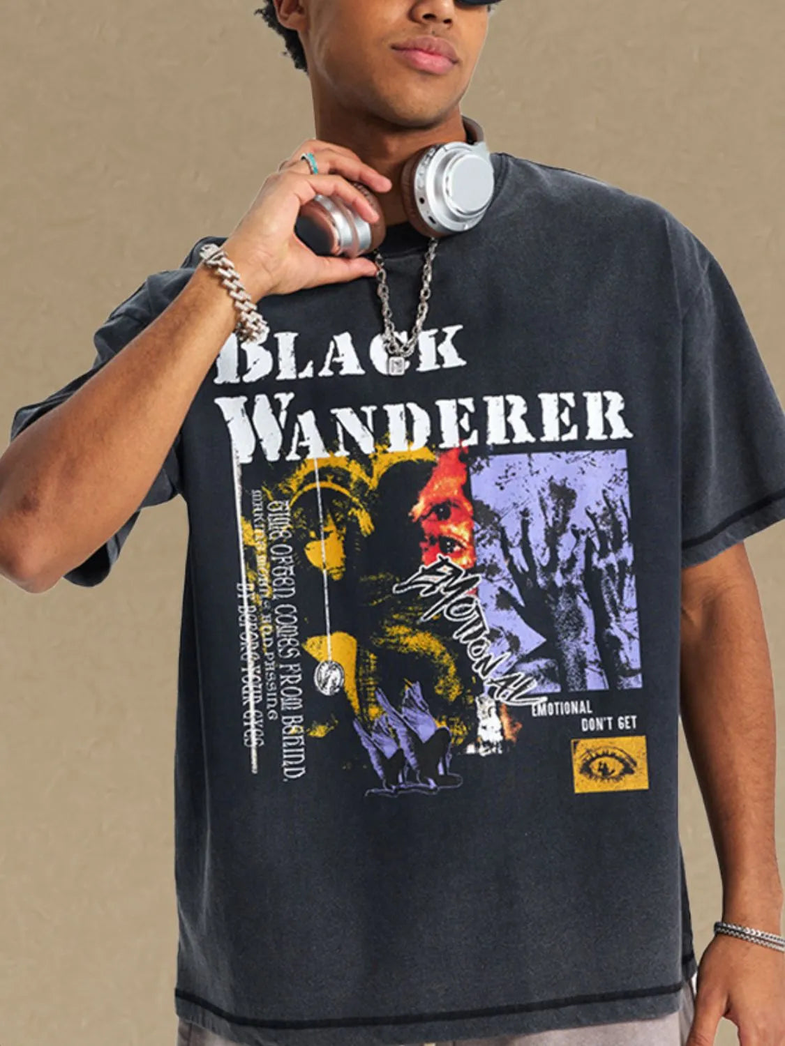 Black Wanderer graphic tee in washed cotton with distressed print and crew neck.