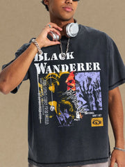 Black Wanderer graphic tee in washed cotton with distressed print and crew neck.