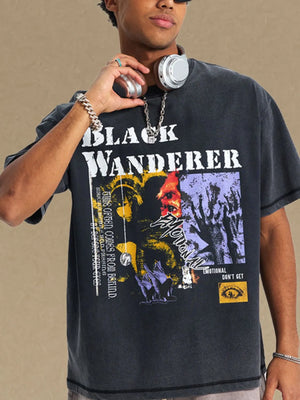Black Wanderer graphic tee in washed cotton with distressed print and crew neck.