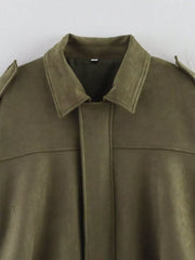 Oversized military green zip-up jacket with a collar and epaulets.