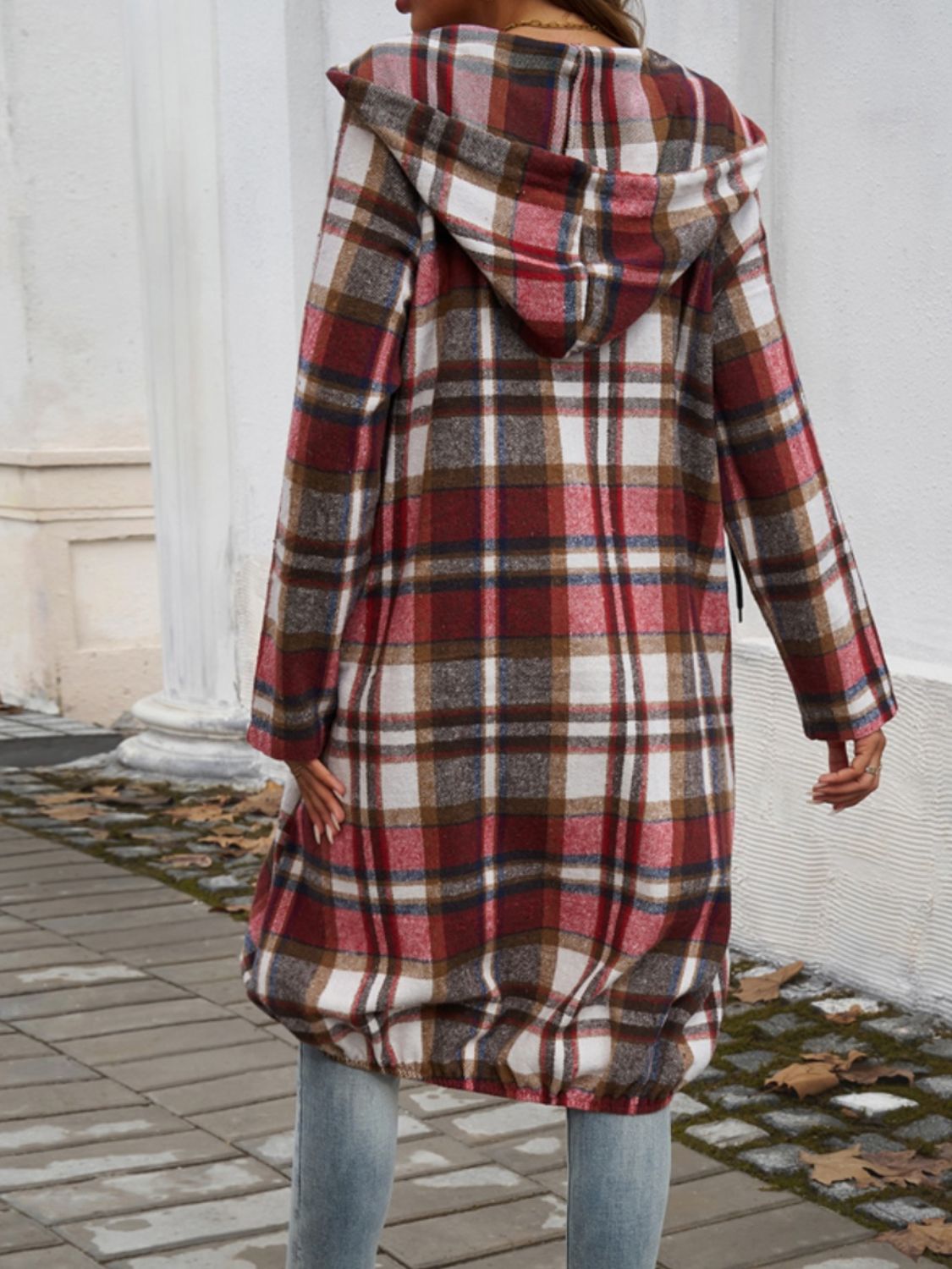 Draped plaid cocoon hoodie jacket in scarlet with a drawstring hem and hood.