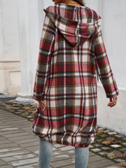 Draped plaid cocoon hoodie jacket in scarlet with a drawstring hem and hood.