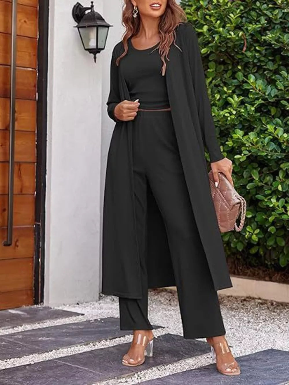 Round Neck Tank Cardigan Pants Set, close-up detail